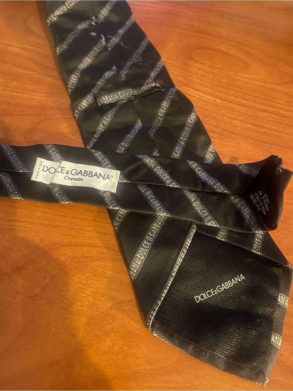 Dolce & Gabbana Black Striped Logo Silk Tie